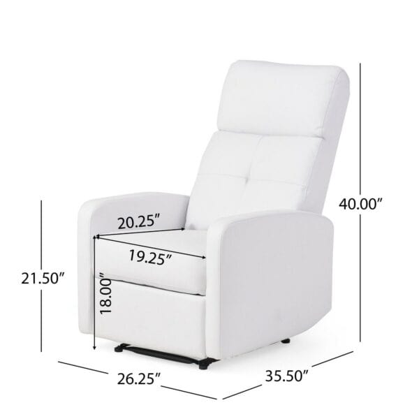 The measurements of a white recliner chair.