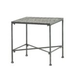 A square table with metal legs and a square top.