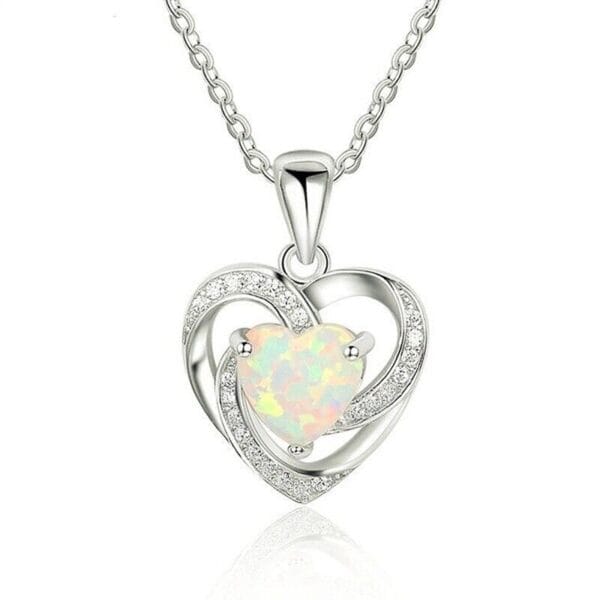 A white opal heart necklace with diamonds.