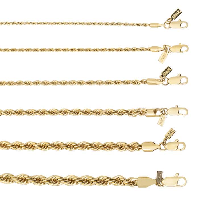 A set of gold plated rope chains with clasps.