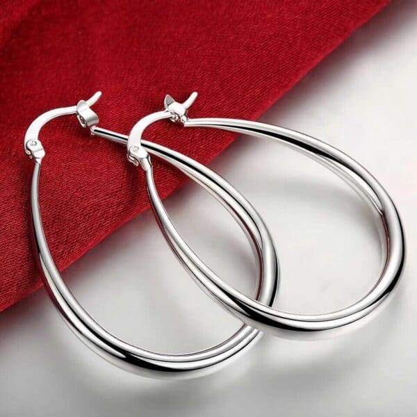 A pair of silver hoop earrings on a red background.