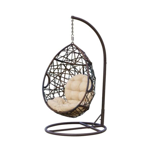 An outdoor hanging chair with a beige cushion.
