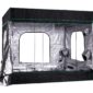 A black and silver grow tent on a white background.