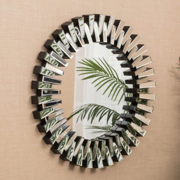 A circular mirror on a wall next to a plant.