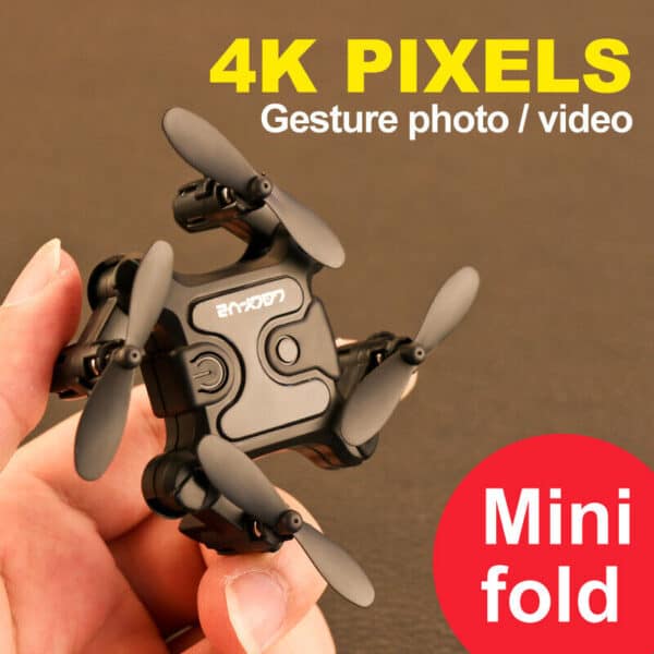 A person is holding a drone with the words 4k pixels gesture photo mini fold.