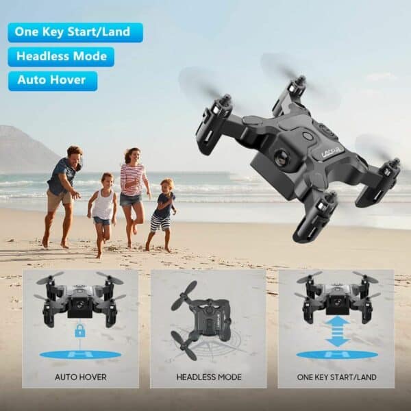 A picture of a family flying a drone on the beach.