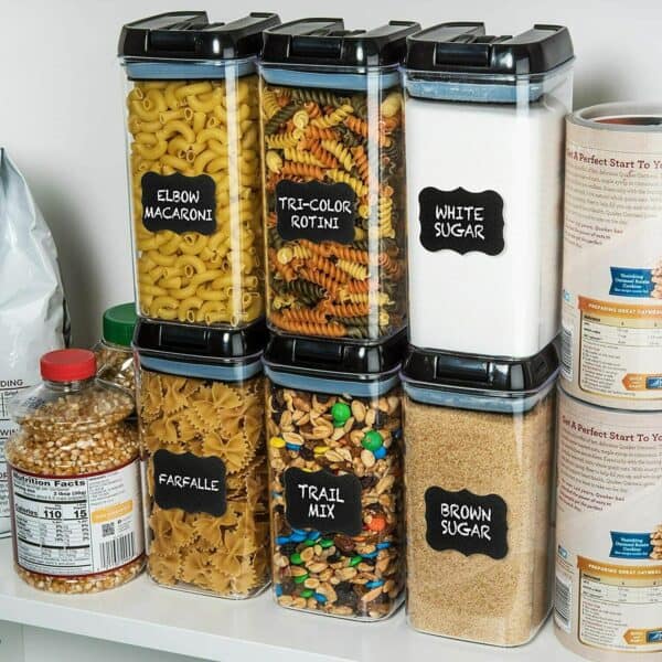 A set of food storage containers on a shelf.