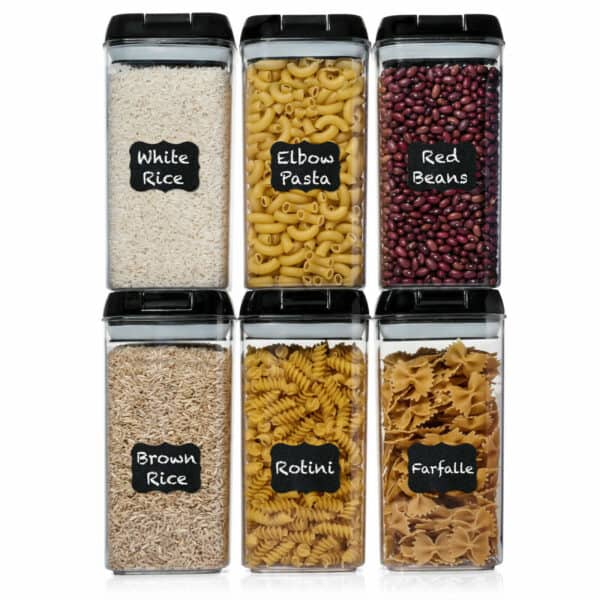 A set of food storage containers with labels on them.