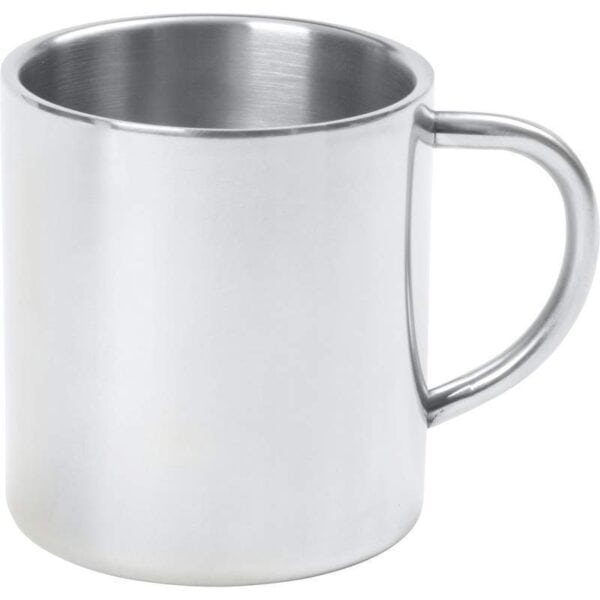 A stainless steel mug on a white background.