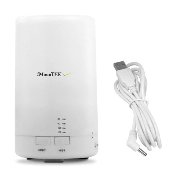 A white air purifier with a cord attached to it.