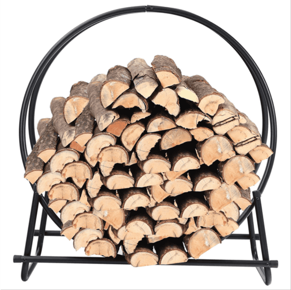 A stack of firewood on a metal stand.