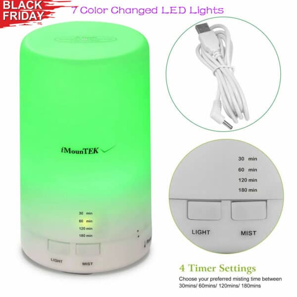 An aroma diffuser with led lights and a charger.