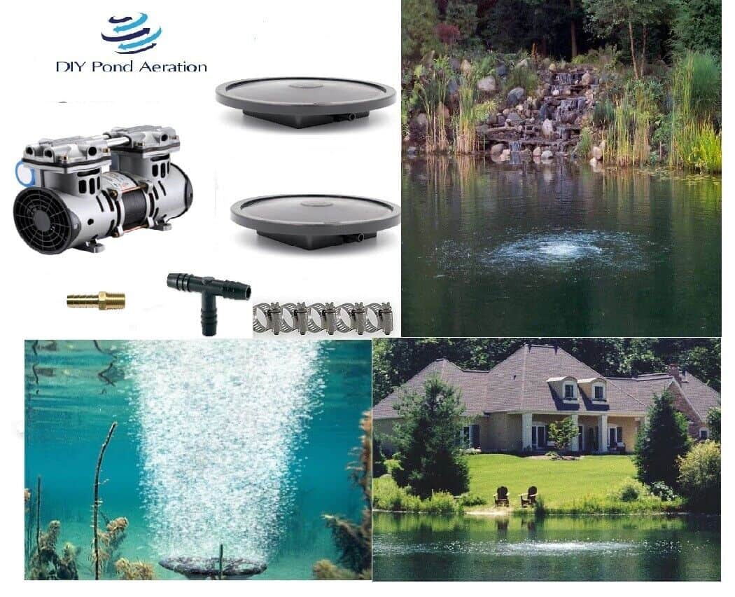 A picture of a pond with a pond pump and other items.