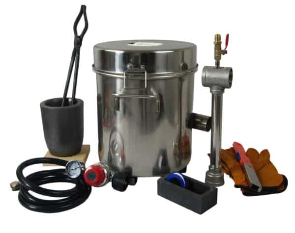 A stainless steel pot with a hose and other tools.