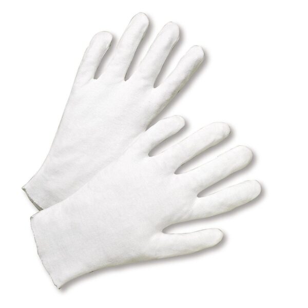 A pair of white cotton gloves on a white background.