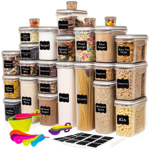 A set of food storage containers with a variety of items.