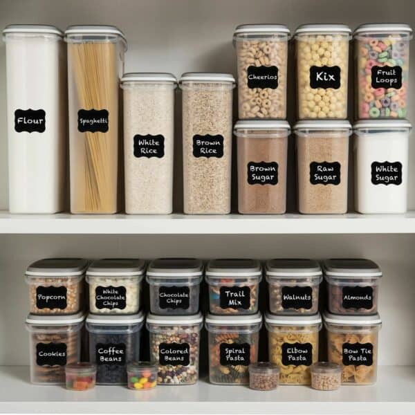 A shelf with a variety of food containers and labels.