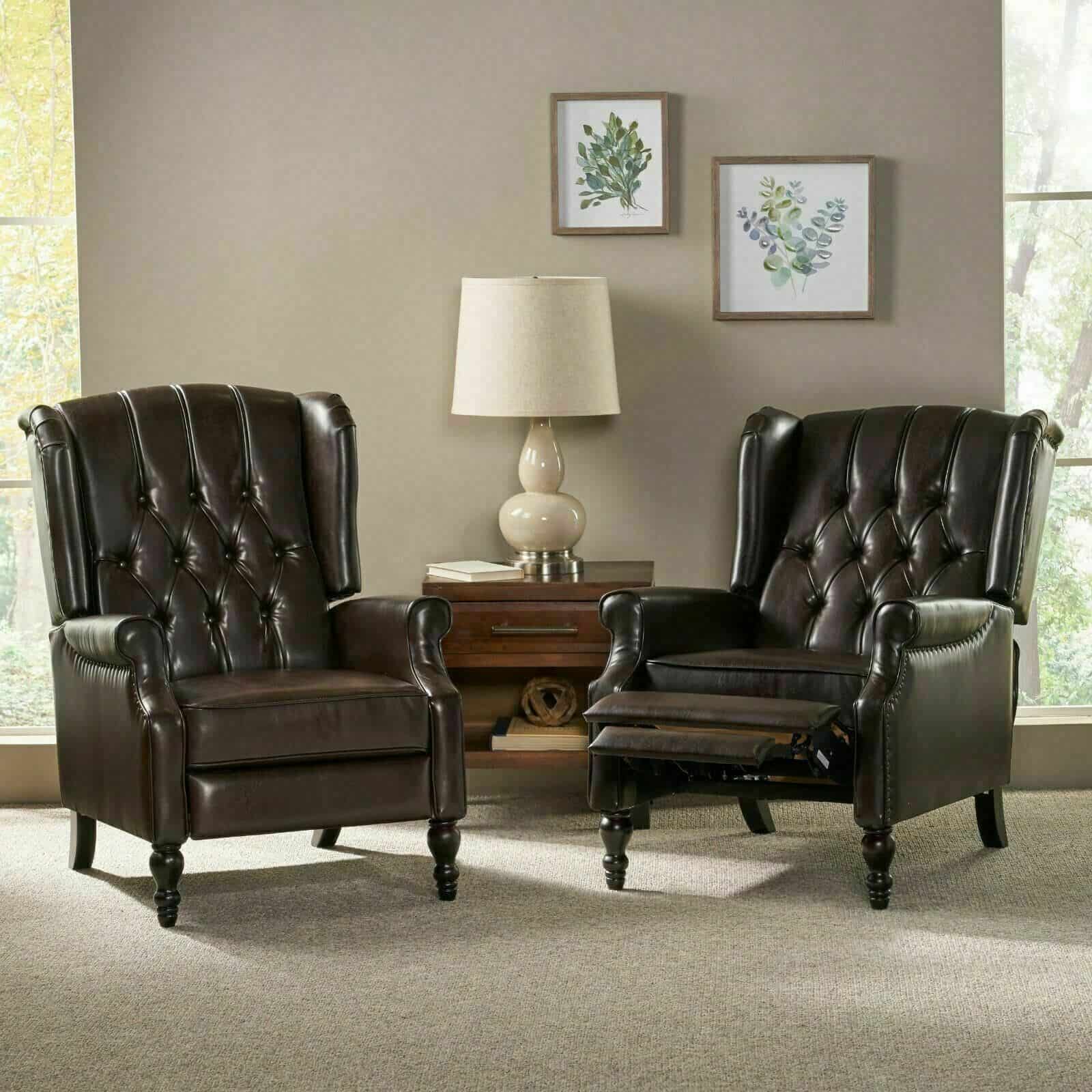 Two brown leather recliners in a living room.