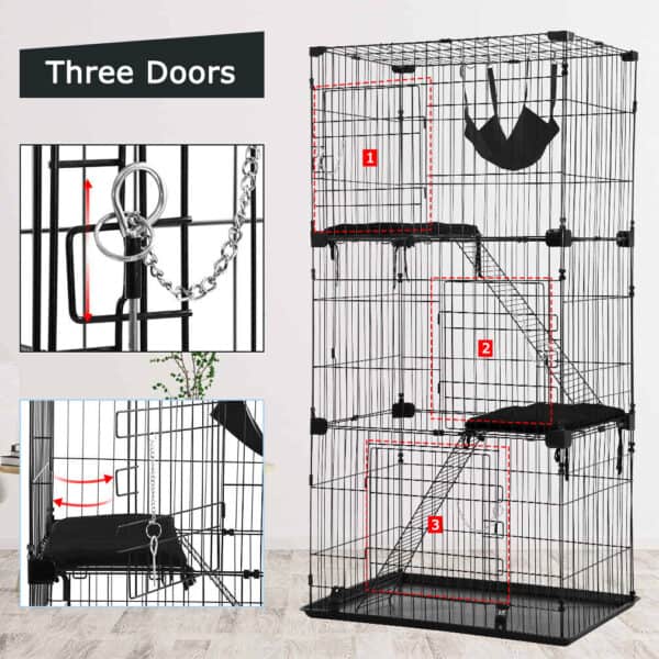 A black cage with a black ladder and a black cat cage.