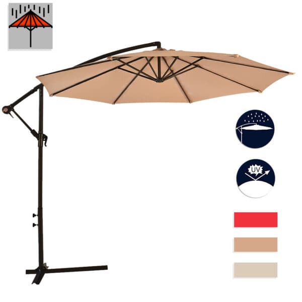 A tan umbrella on a stand.