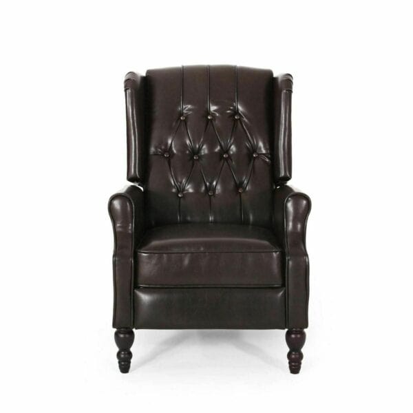 A brown leather recliner chair with a tufted back.
