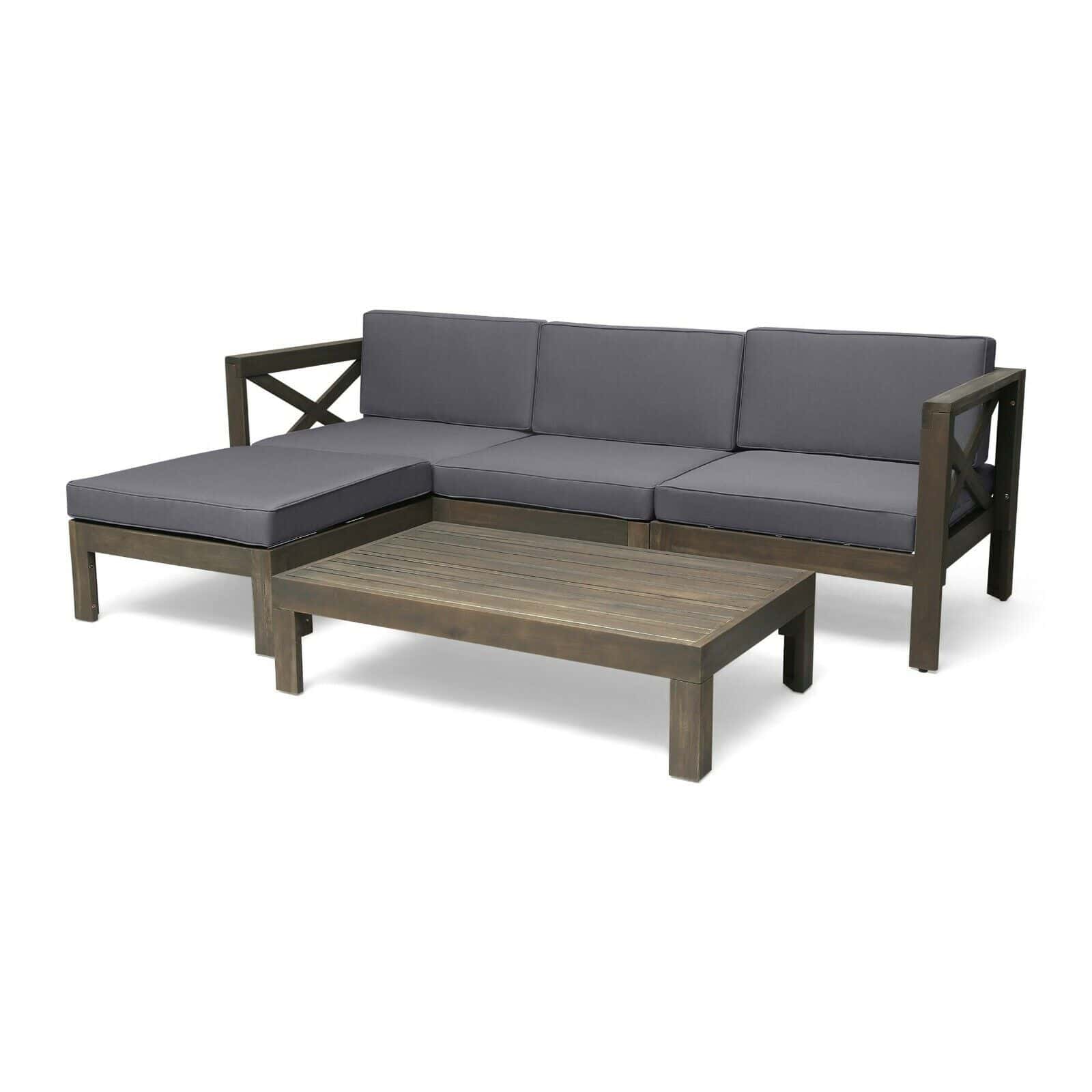 An outdoor sectional sofa set with grey cushions and coffee table.