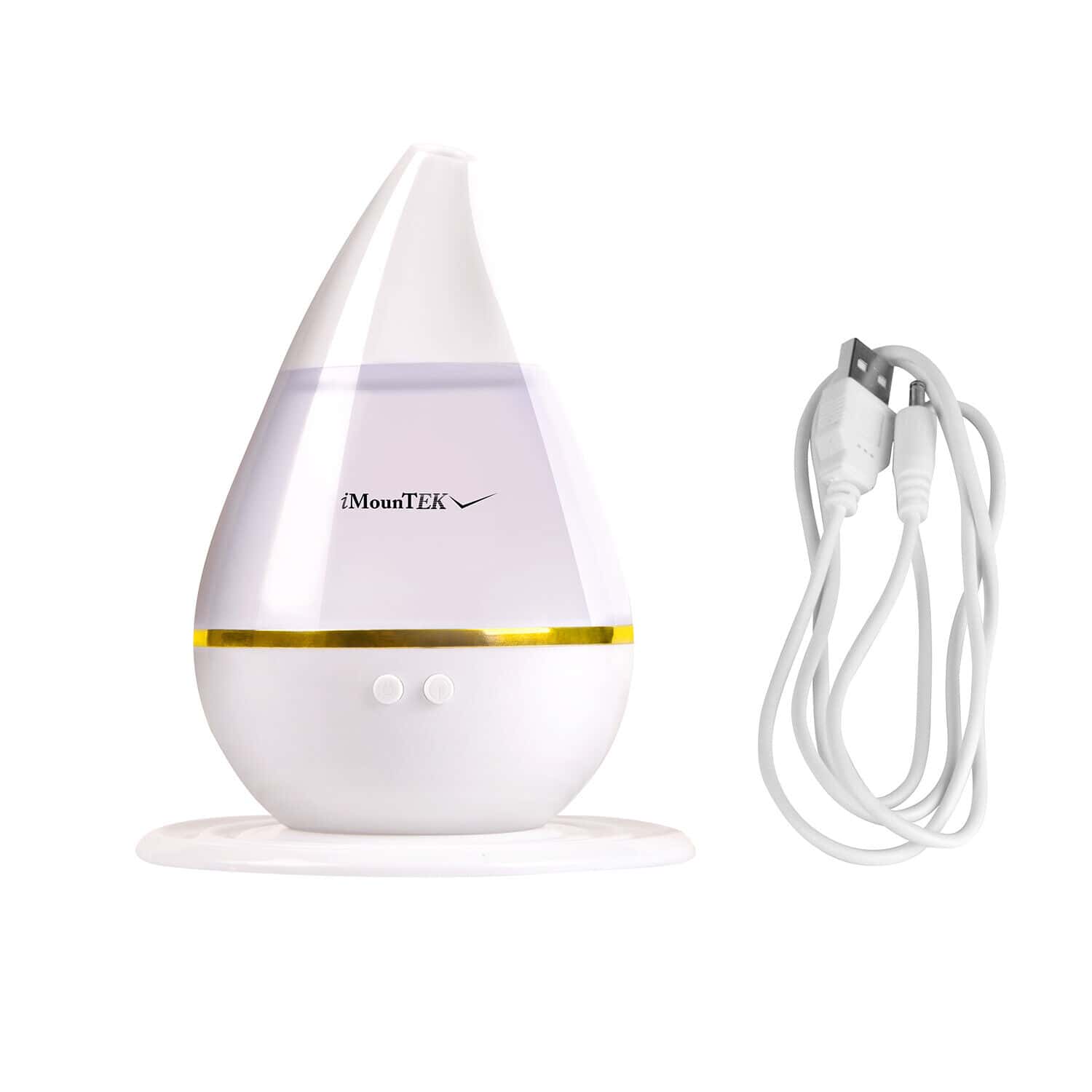 A white and gold humidifier with a cord.