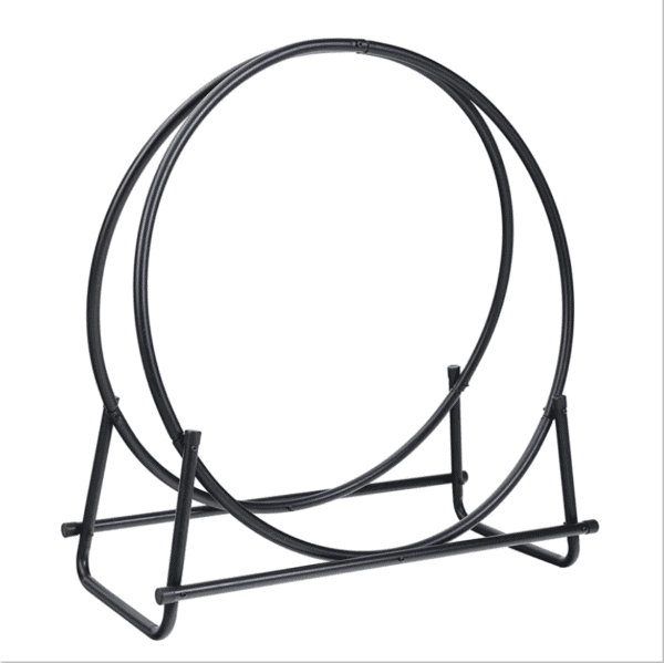 A black metal ring stand on a white background.