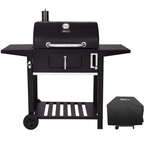 A black barbecue grill with a cover.