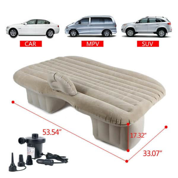A air mattress with a head rest and various cars.