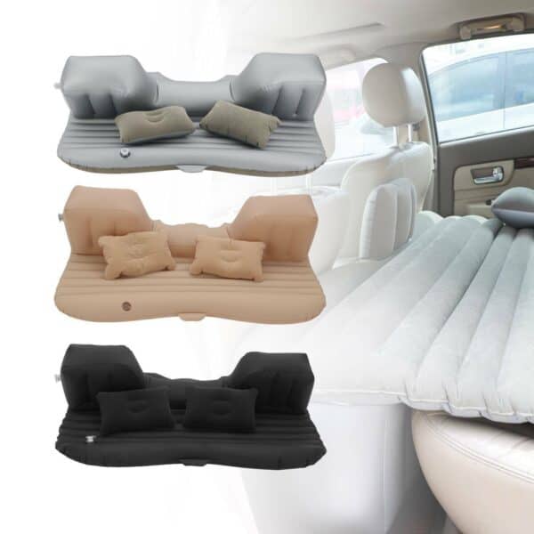 A collage of air mattresses in a car.