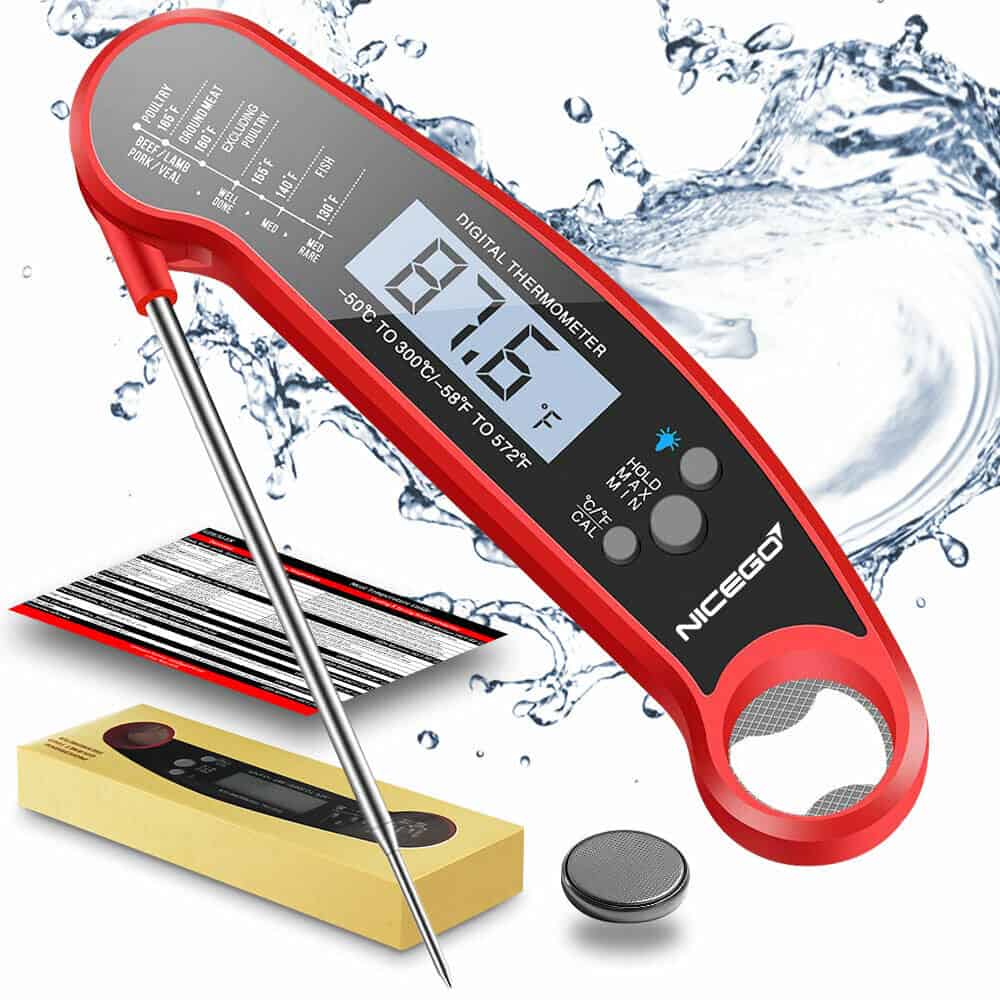 A red and black electronic thermometer.