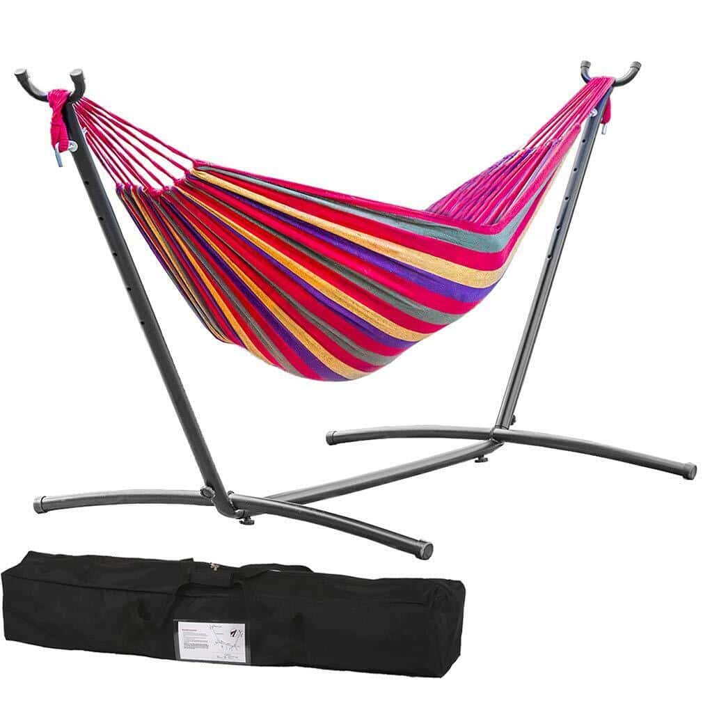 A hammock with a stand and a bag.