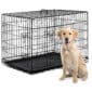 A black dog crate with a yellow labrador in front of it.