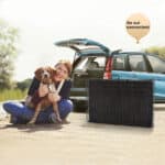 A woman hugging a dog in front of a car.