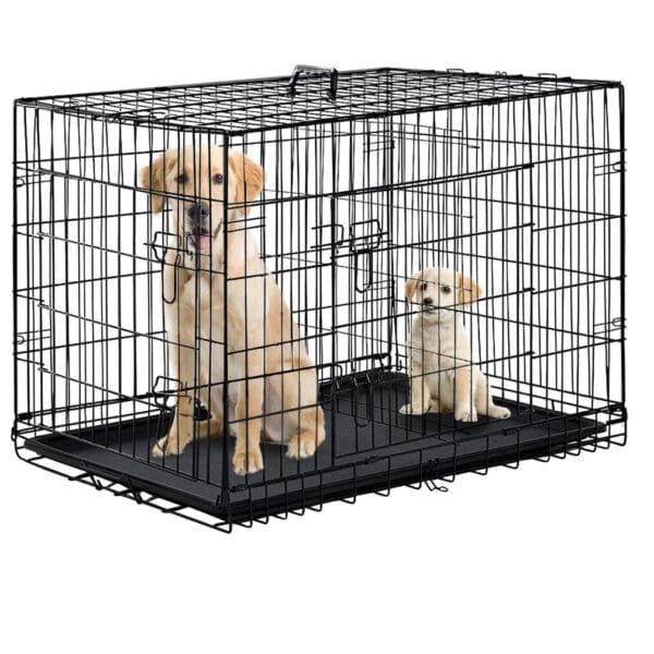 A dog sitting in a cage.