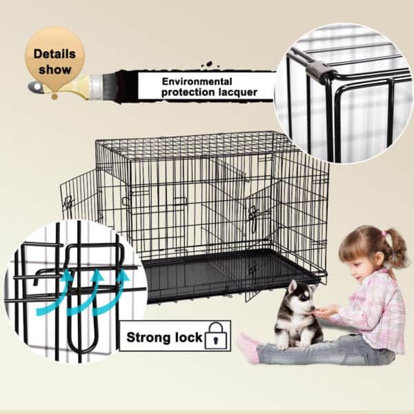 A child is playing with a dog crate.