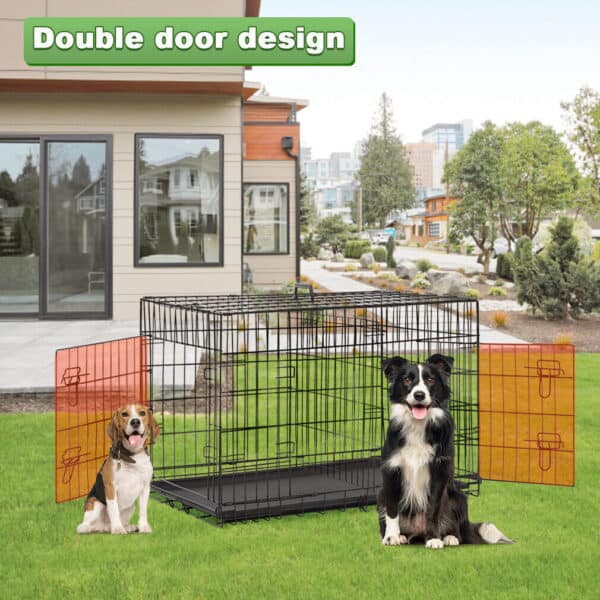 Two dogs in a dog crate in front of a house.