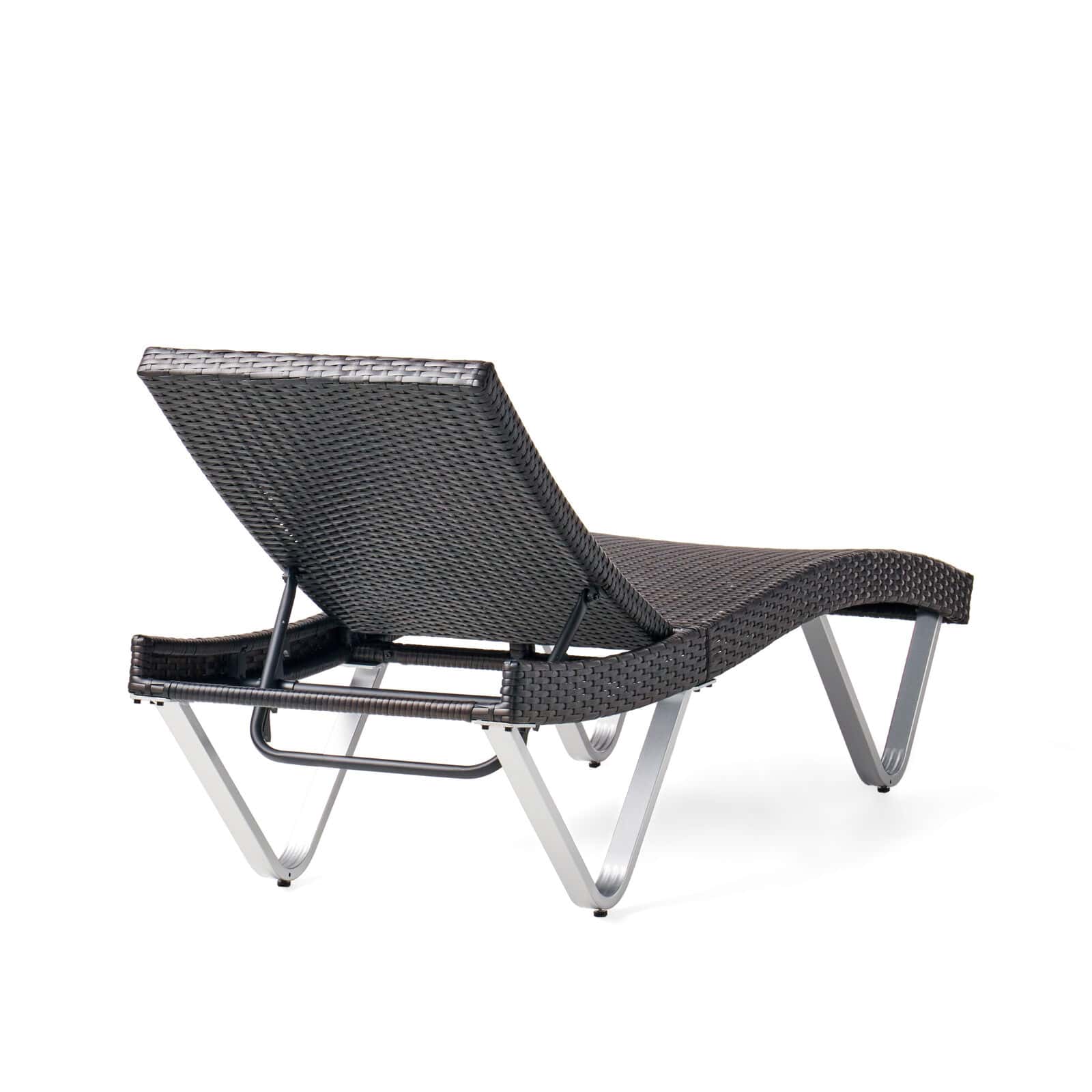 A black rattan chaise lounge on a white background.