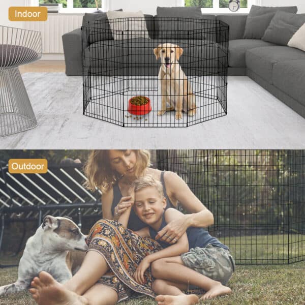 A collage of a woman and a boy in a dog kennel.