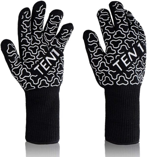 A pair of black and white gloves with the word tent on them.