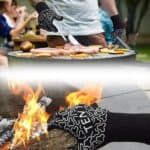 A man is grilling on a fire with a pair of gloves.