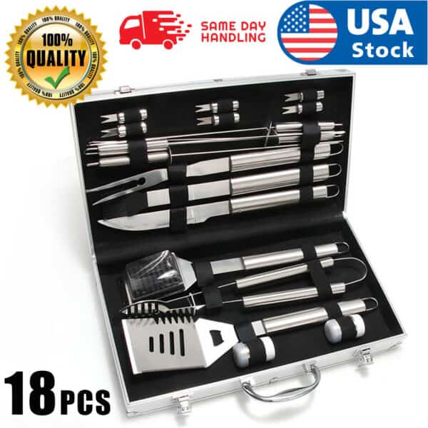 18 piece stainless steel bbq tool set in a case.