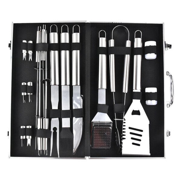 Stainless steel bbq tool set in a case.