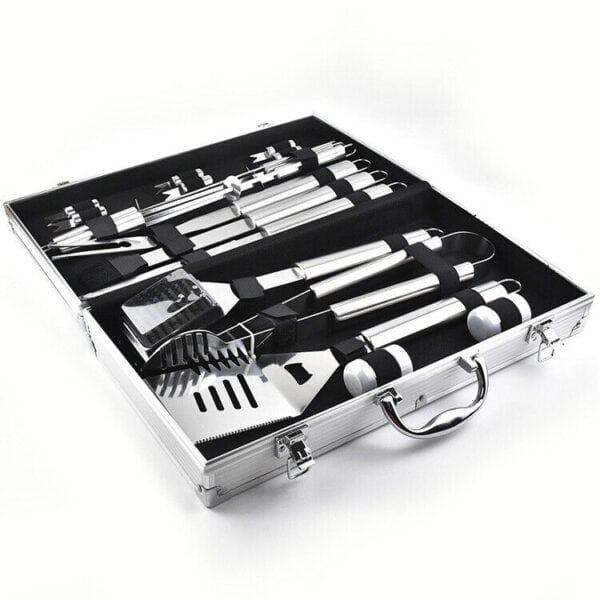 A set of barbecue tools in a case on a white background.