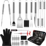 A set of barbecue tools with gloves and gloves.