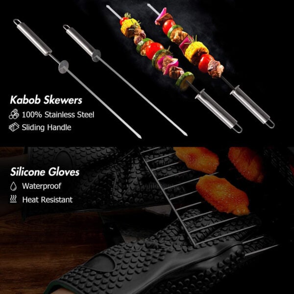 Bbq gloves and skewers on a grill.