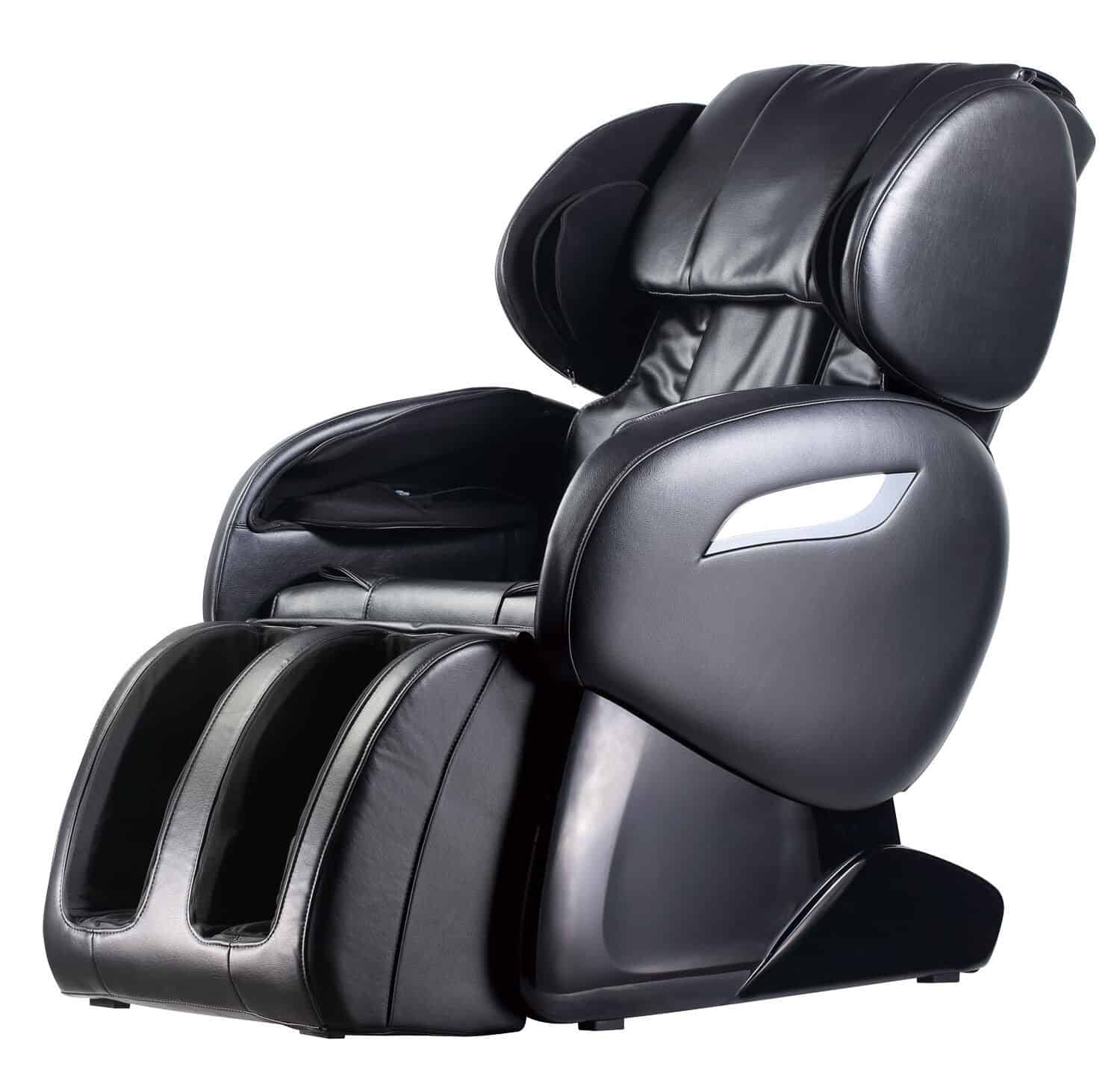 A black massage chair on a white background.