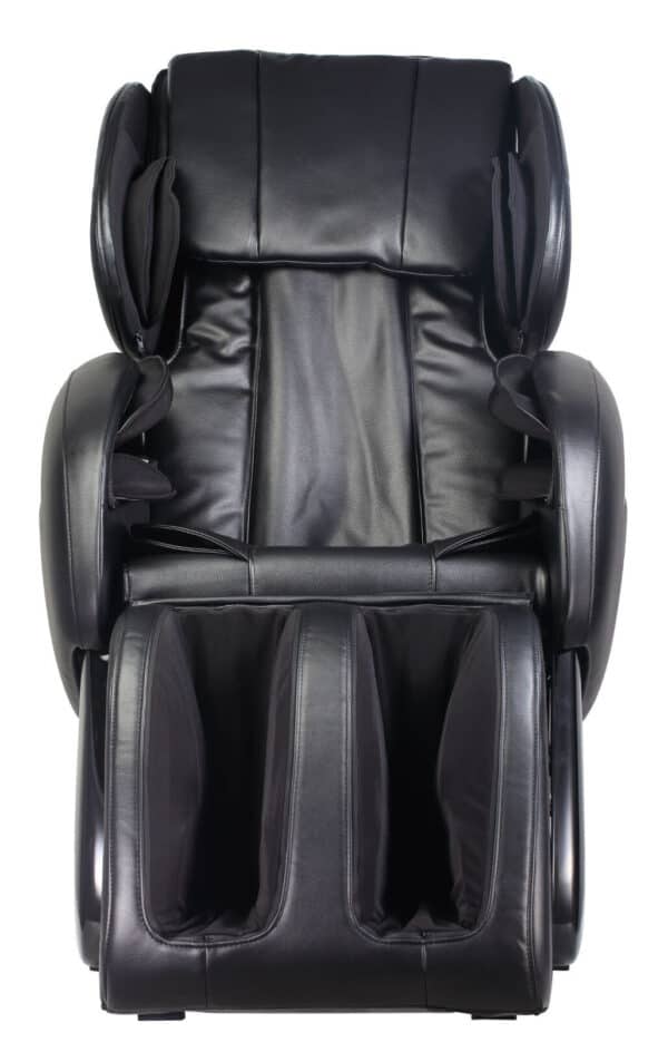 A black massage chair with two foot rests.