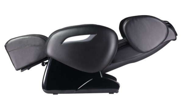 A black massage chair on a white background.